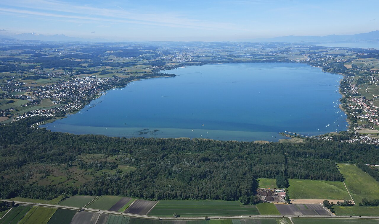 Vue aérienne du lac de Morat depuis le nord-est.